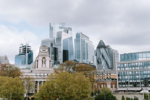 Free London skyline featuring the modern architecture and the iconic Gherkin building. Stock Photo
