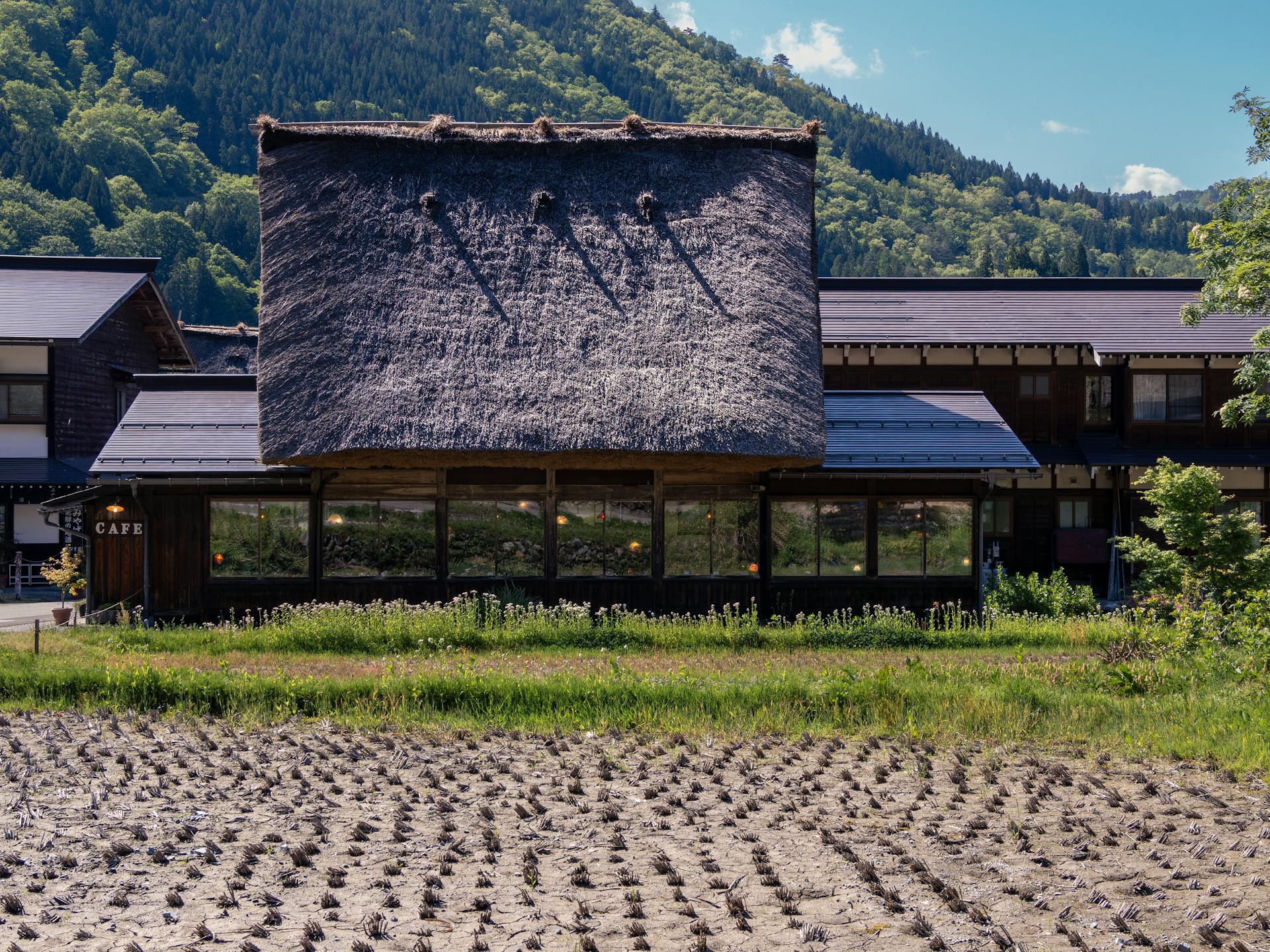 Traditional gassho-zukuri house with thatched roof in Shirakawa-go village, Japan.