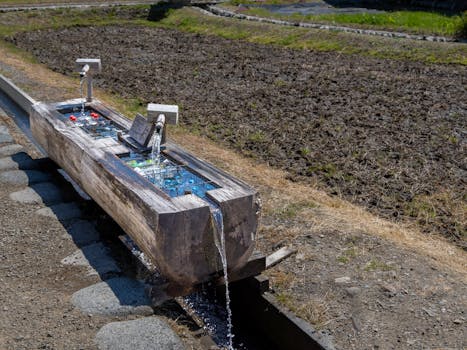 Wooden water trough in a Japanese village used for cooling drinks, with fields in the background.
