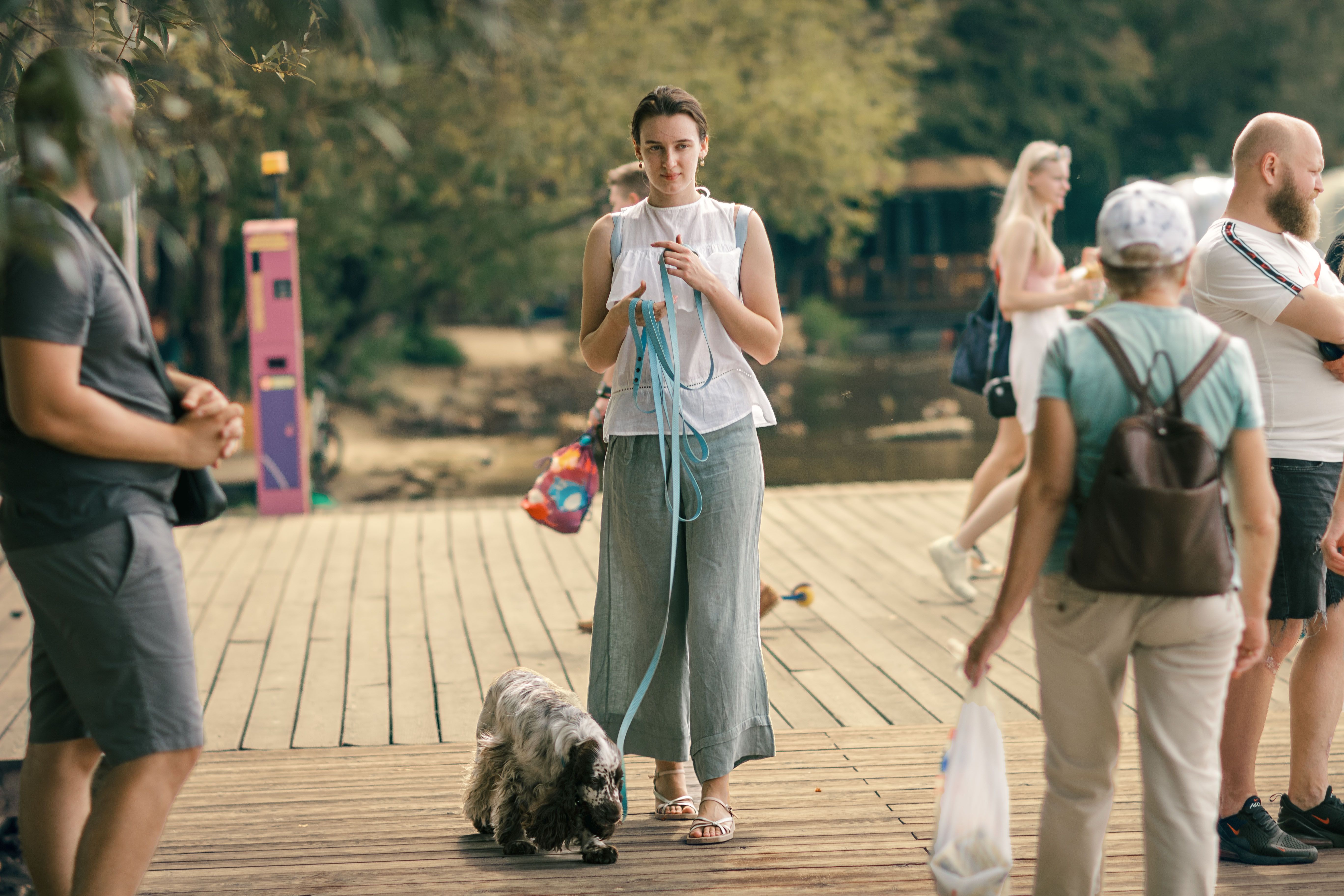 People enjoying a leisurely walk outdoors with a dog, capturing summer vibes and companionship.