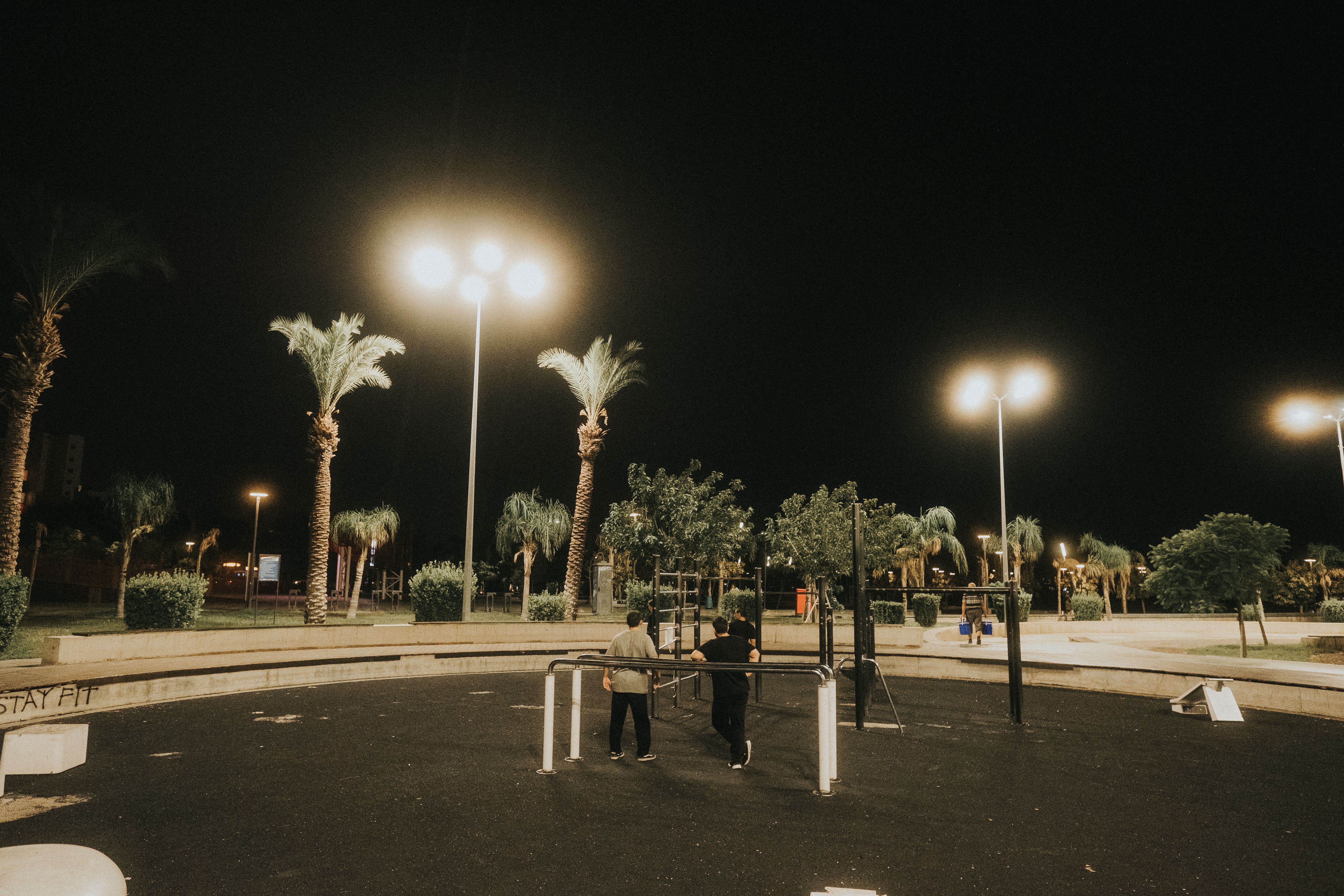 Illuminated night scene in a park in Antalya, featuring palm trees and streetlights.