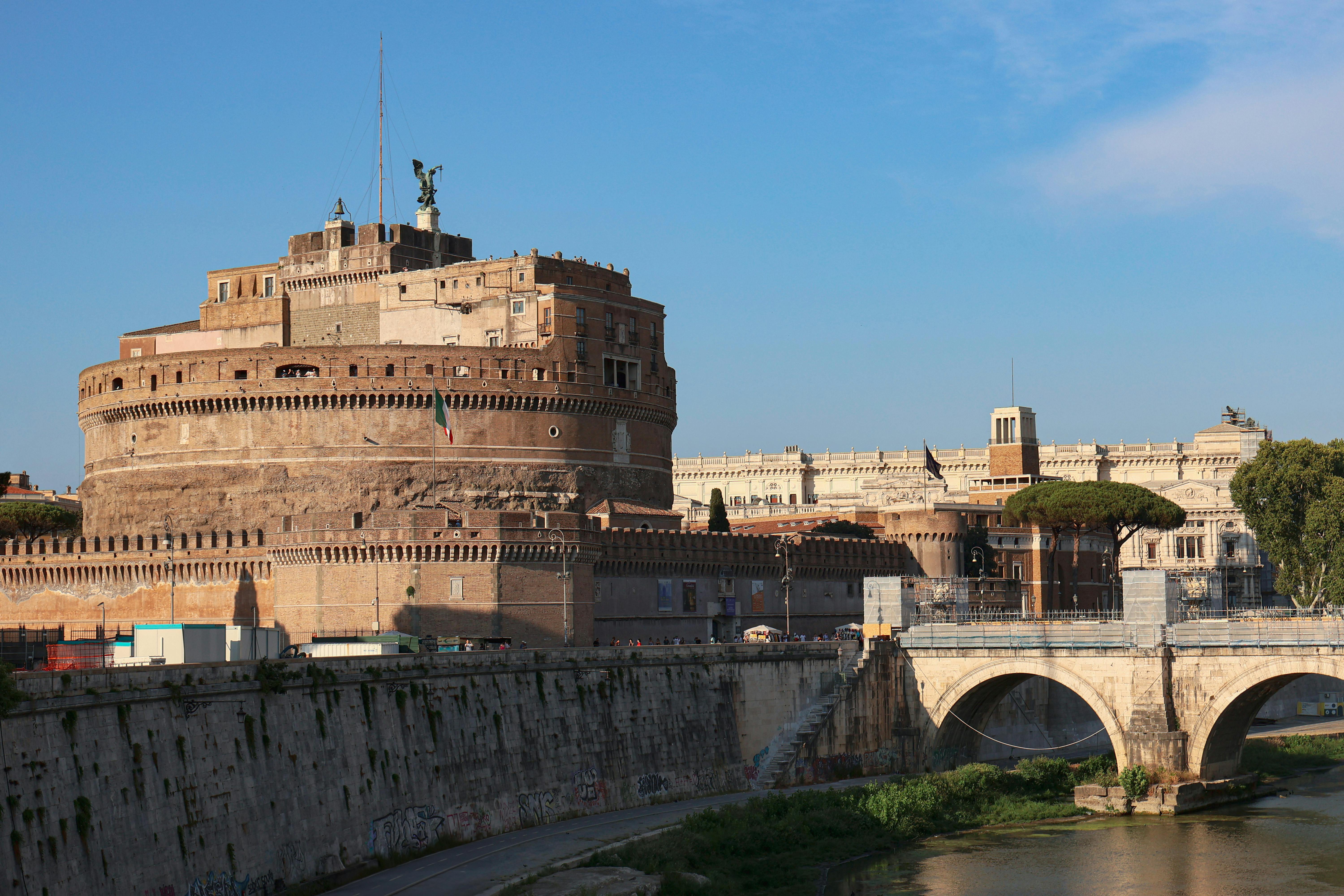 Beautiful view of Castel Sant'Angelo, a historical monument with an ancient bridge in Rome, Italy. - Roma