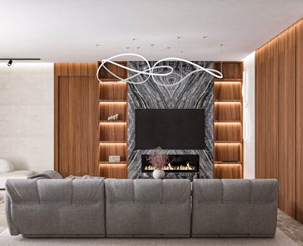 Elegant living room with modern fireplace, grey sofa, and wooden design elements.