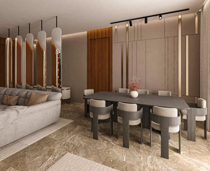 Elegant contemporary interior showcasing a luxurious dining area and cozy seating arrangement.