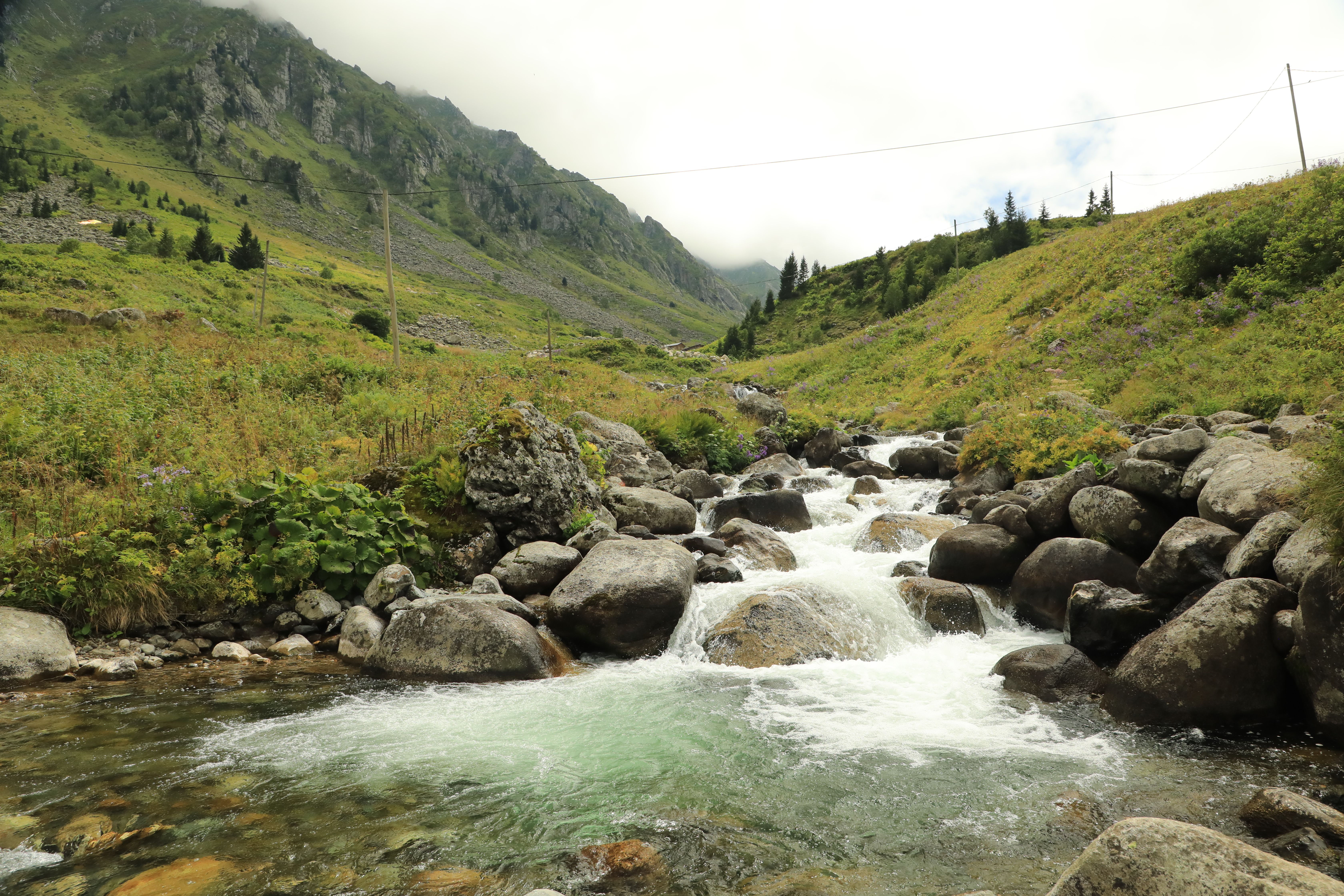 Serene mountain stream flowing through a lush valley surrounded by greenery and rocks.