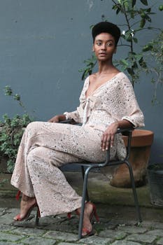 一位卷发优雅的女性穿着时尚服装，坐在宁静的户外环境中