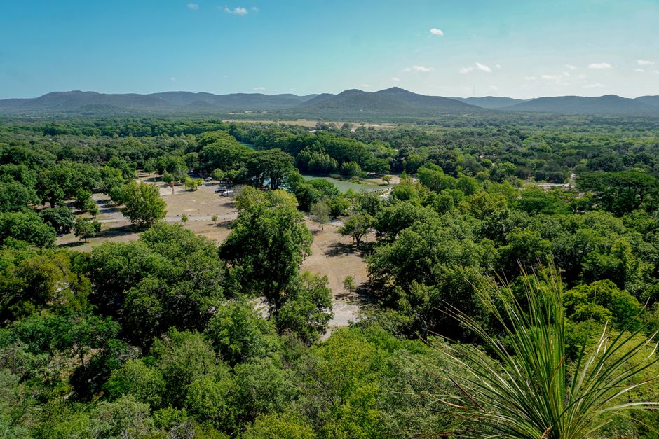 Aerial view of a green Texas Hill Country valley