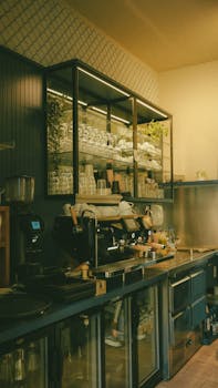 Warm and inviting café setup in Kassel, featuring an espresso machine and elegant glassware.