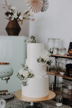 Beautiful three-tier white cake adorned with flowers in a cozy setting.