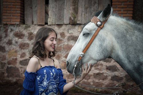 Free Young woman in a blue dress gently touching a horse outdoors. Stock Photo