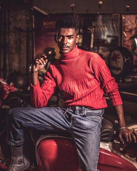 一位穿着红色毛衣和牛仔裤的时尚年轻人，在室内自信地摆出骑摩托车的姿势