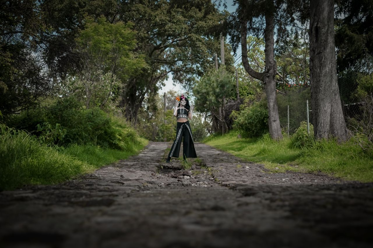 a lone woman in gothic attire walks down a tree lined cobblestone path