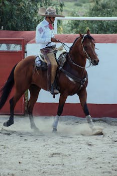 Charro riding a horse in a traditional Mexican setting, showcasing vibrant cultural heritage.