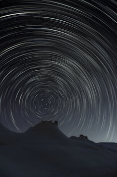 Stunning star trails captured over the desolate Negev Desert, illustrating the beauty of earth's rotation.