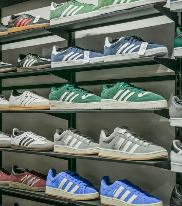Colourful sneakers lined up on retail store shelves
