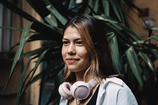 A young woman smiles outdoors wearing headphones, surrounded by lush greenery, conveying relaxation and style.