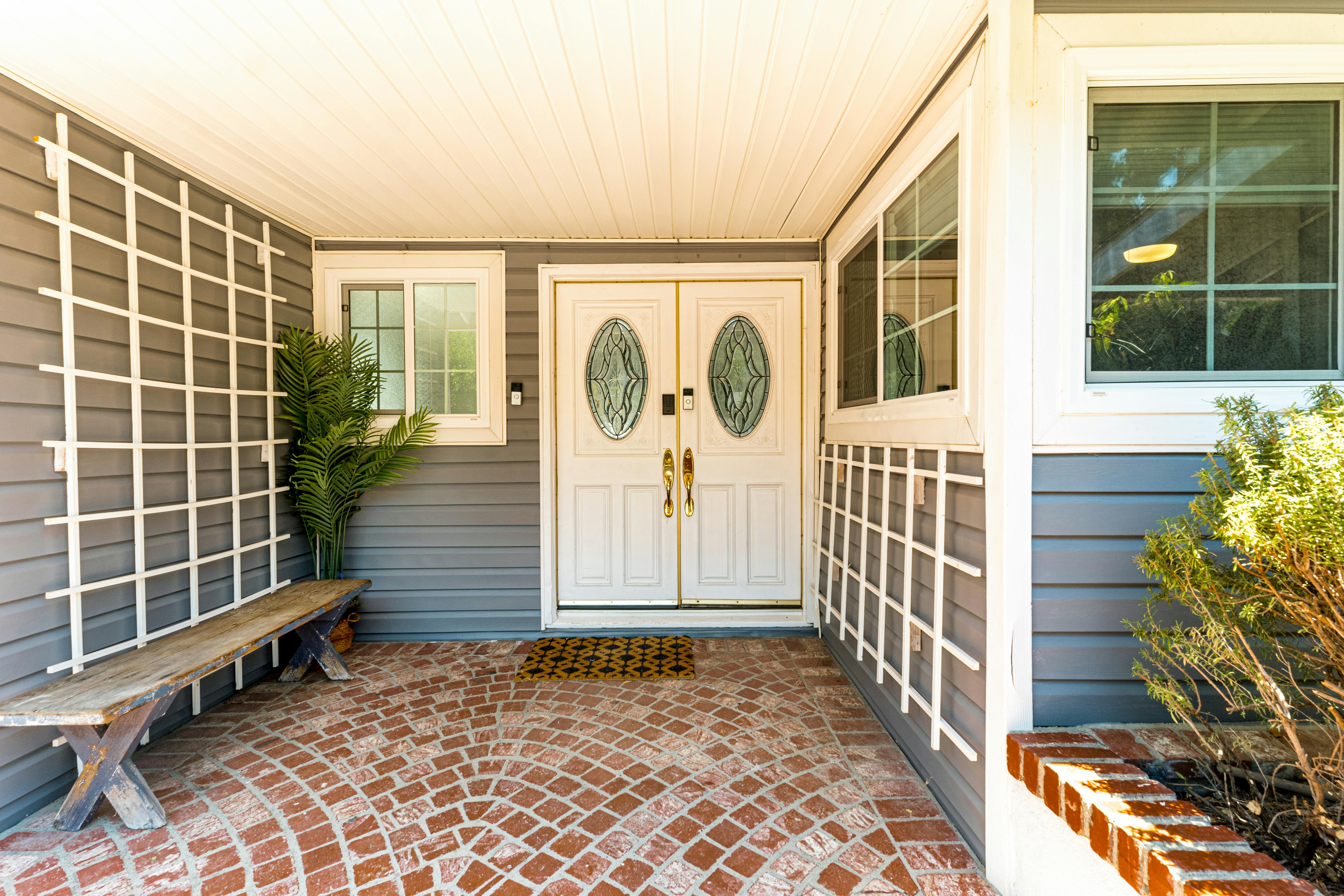 A white front door of a house in Texas