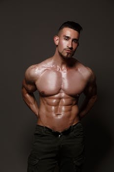 Portrait of a muscular shirtless male model posing confidently in a studio setting.