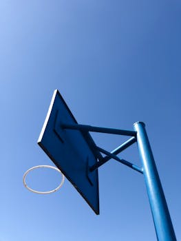 Low-angle shot of a blue basketball hoop against a clear blue sky, ideal for sports themes.