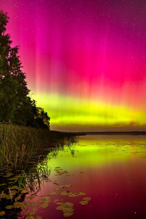 Pink and Yellow Aurora Borealis Over the Lake · Free Stock Photo