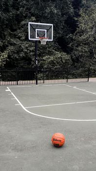 A serene outdoor basketball court with a ball in foreground and hoop in background.
