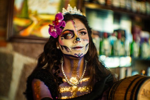 A woman beautifully adorned in Day of the Dead face paint and attire, Mexico City.