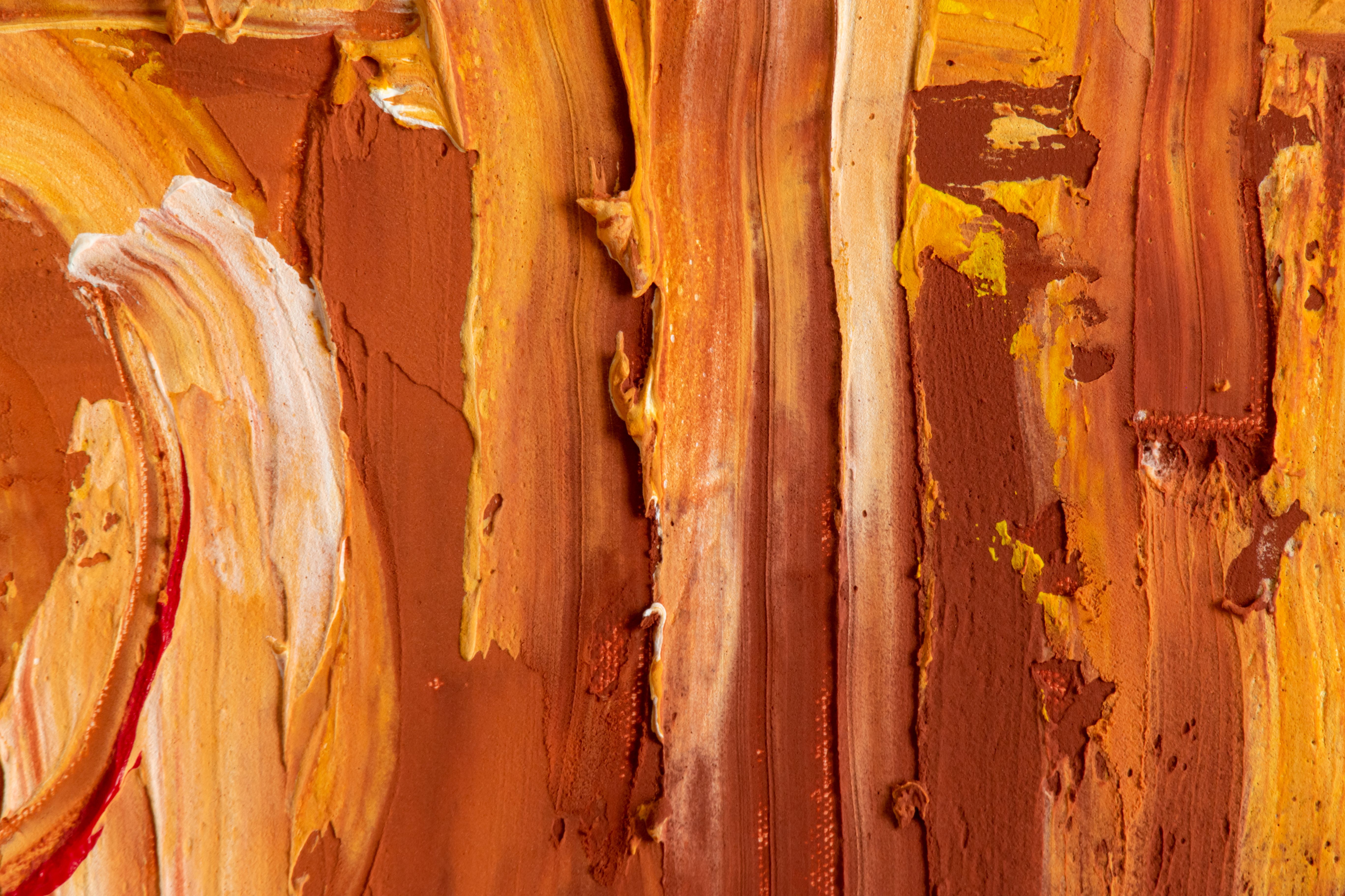 Colorful and textured abstract oil painting with rich warm tones.