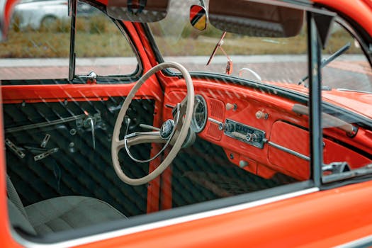A vintage Volkswagen Beetle interior view showcasing classic design elements in Mexico.