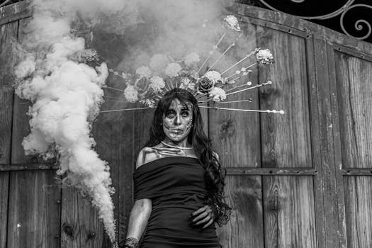 Stunning black and white portrait of a woman in Dia de los Muertos makeup with smoke in Mexico City.