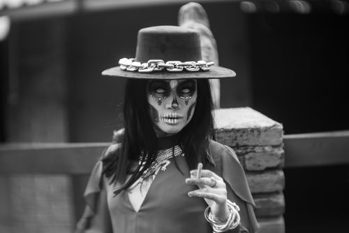 Free Black and white portrait of a Catrina for Day of the Dead in Mexico City. Stock Photo