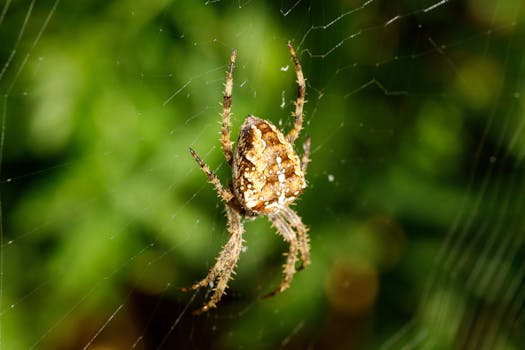 Detailed view of a European garden spider on its web against a lush background.