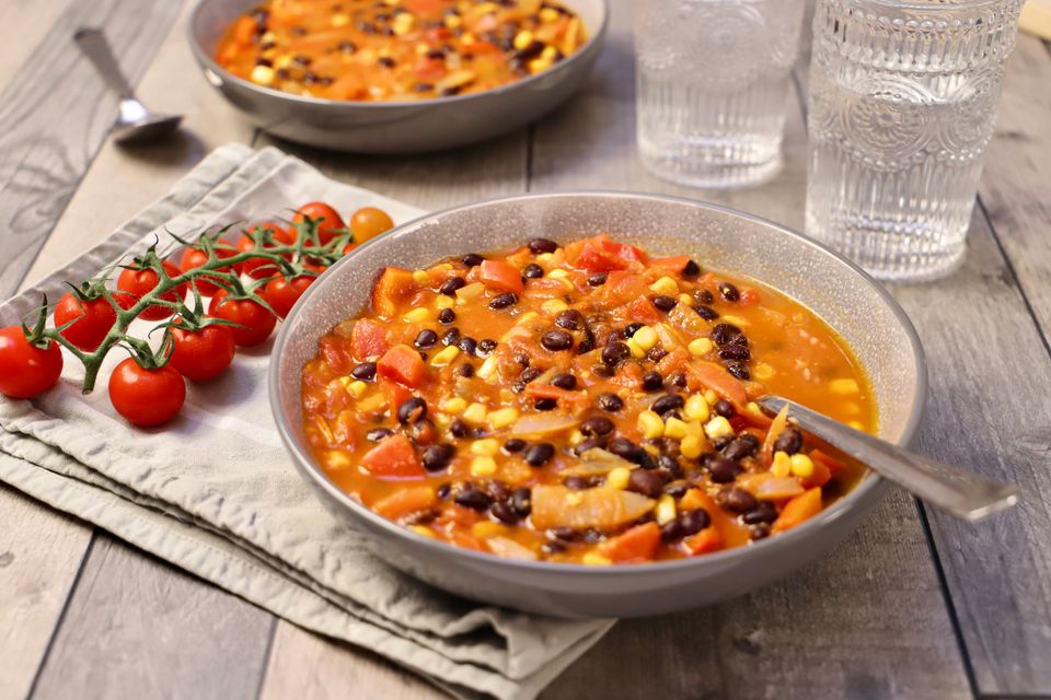 Serving inspiration: vegetable bean stew in rustic bowls