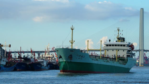 A large cargo ship navigates through a bustling port with industrial cranes in the background.