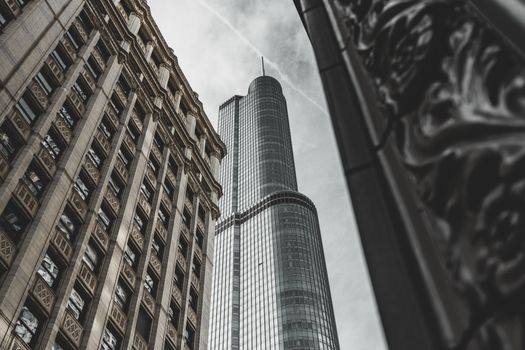 View of modern and classic skyscrapers in downtown Chicago, IL.