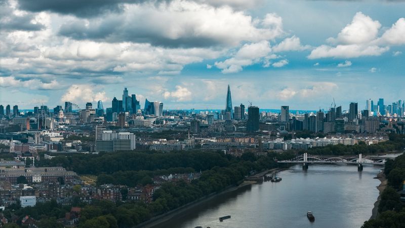 Wide view of London's modern skyline along the River Thames