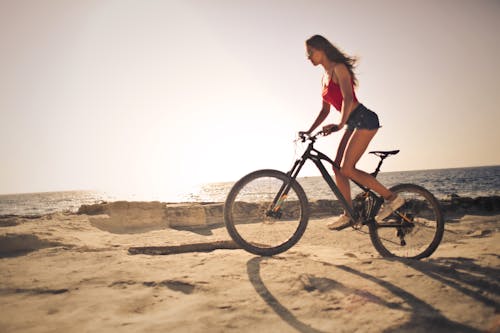 무료 산악 자전거를 타는 여자 스톡 사진