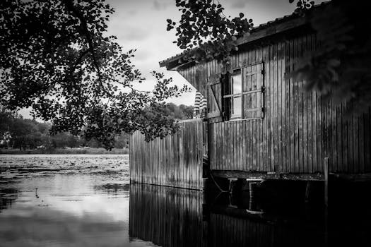 Monochromatic image of a wooden house by a tranquil lake in Fronreute, Germany.