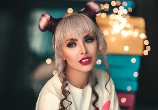 Close-up shot of a fashionable young woman with unique hairstyle and makeup, captured with artistic lighting.