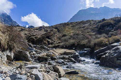 Free Capture of a scenic mountain stream in Ghandruk, Nepal, showcasing rugged terrain and clear blue sky. Stock Photo
