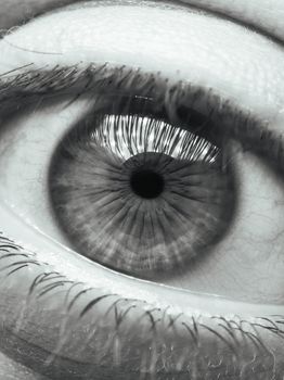 Detailed black and white close-up of a human eye showcasing iris and pupil.