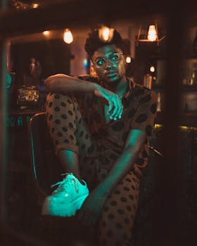 一位衣着时尚、戴着眼镜的男士坐在室内，被温暖的光线笼罩