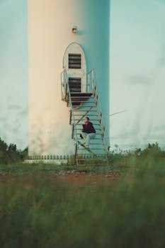 A person sitting thoughtfully on stairs of a wind turbine in rural Dalat, Vietnam.