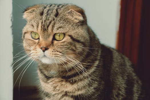 A cute tabby cat with striking green eyes sitting indoors, captured in Dalat, Vietnam.