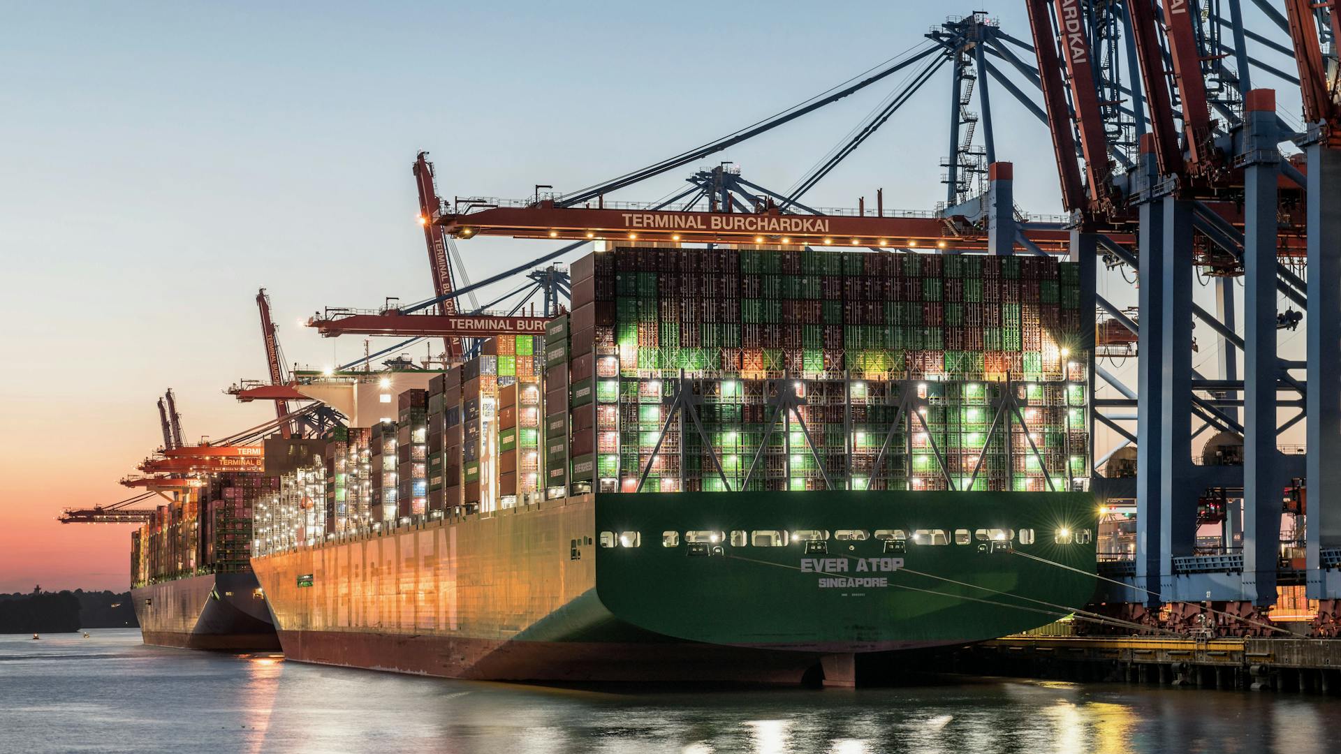 Container ships at Terminal Burchardkai, Hamburg, showcasing global trade.