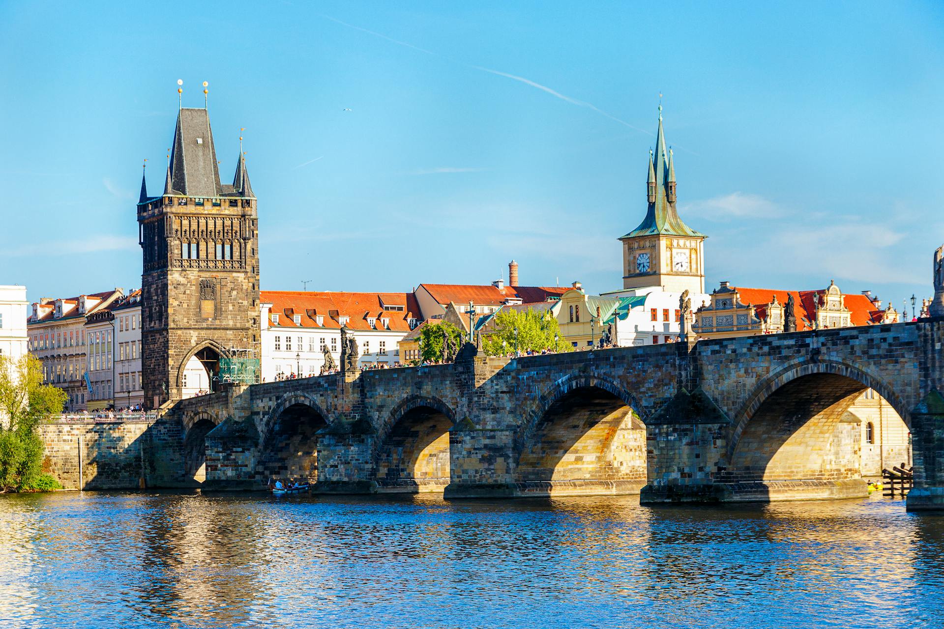 View of the Charles Bridge across the Vltava River in Prague, Czech Republic