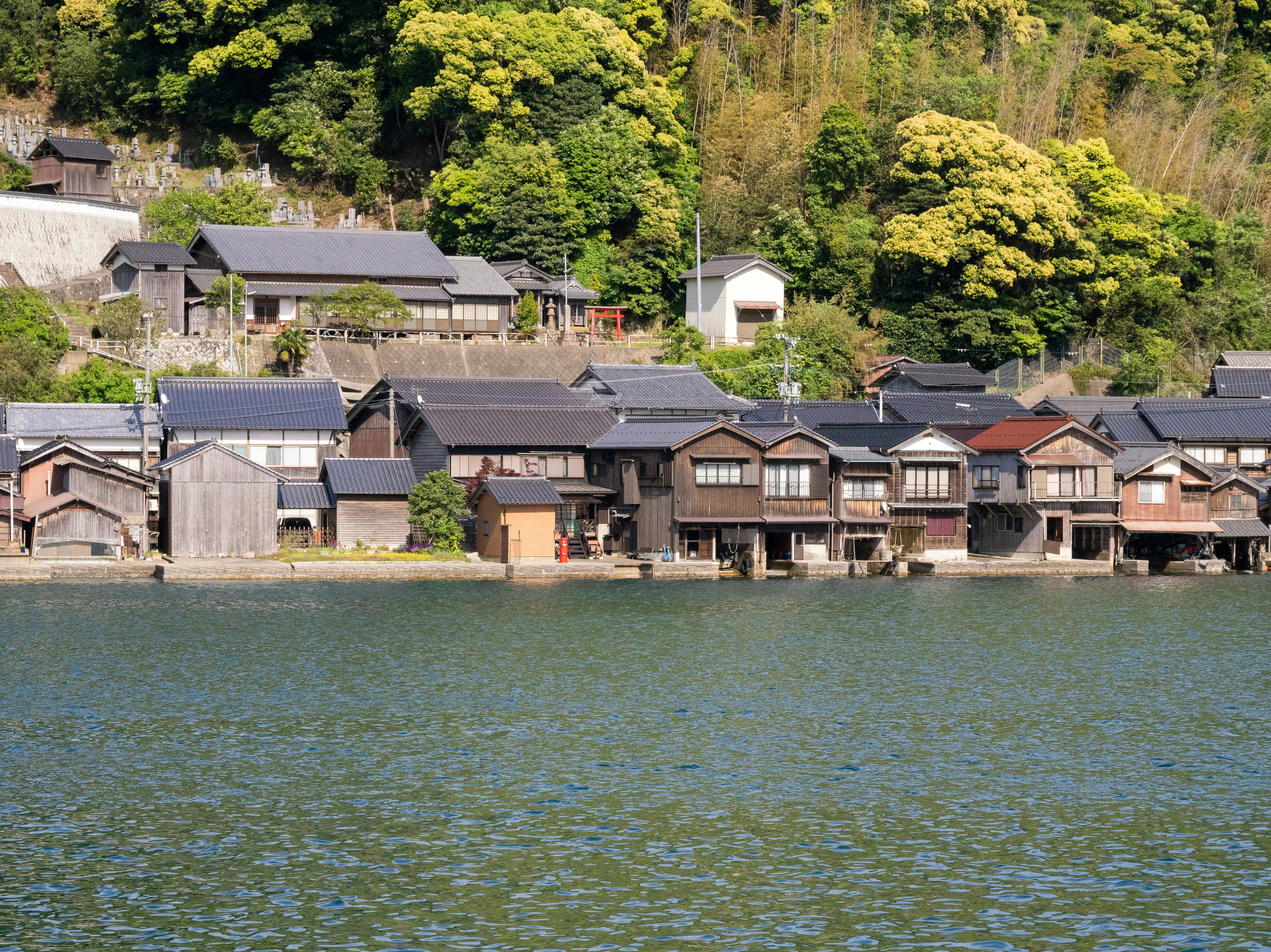 Idyllic waterfront houses in Ine, Kyoto, Japan with lush greenery.