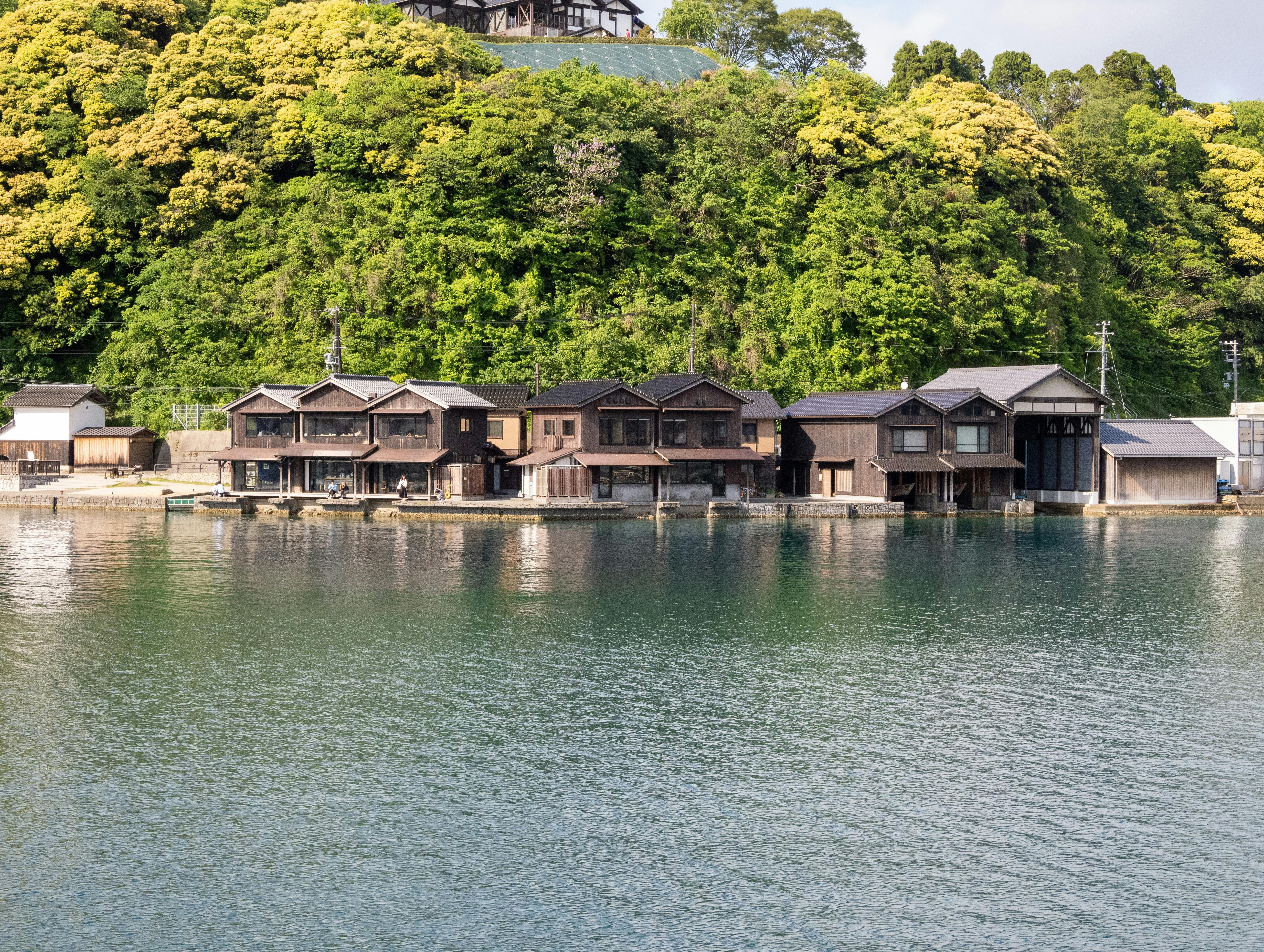 Explore serene boat houses in Ine, Kyoto, Japan, by a lush, green hillside and tranquil waters.