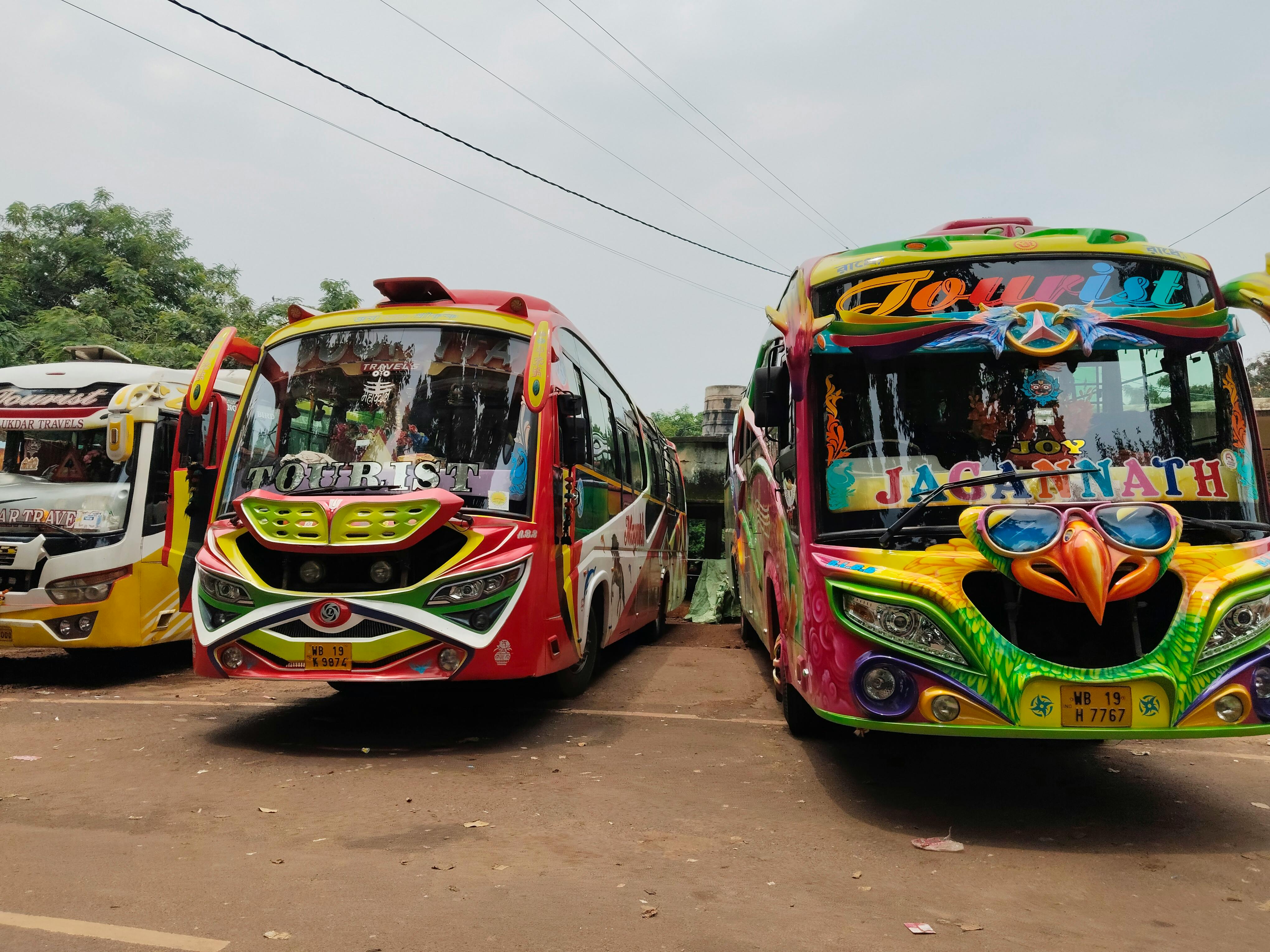 Vibrant tourist buses in a parking area during daylight, showcasing colorful designs.