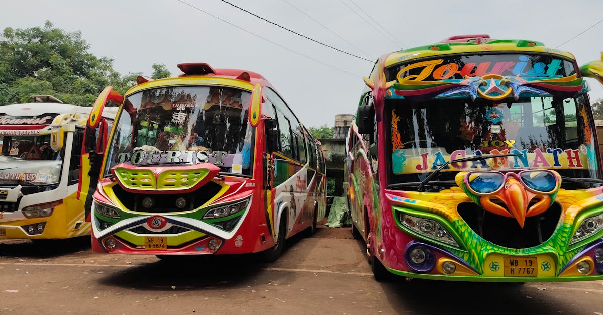 Vibrant tourist buses in a parking area during daylight, showcasing colorful designs.