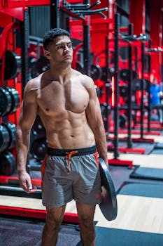 Shirtless man working out with weight plate in a modern gym setting.